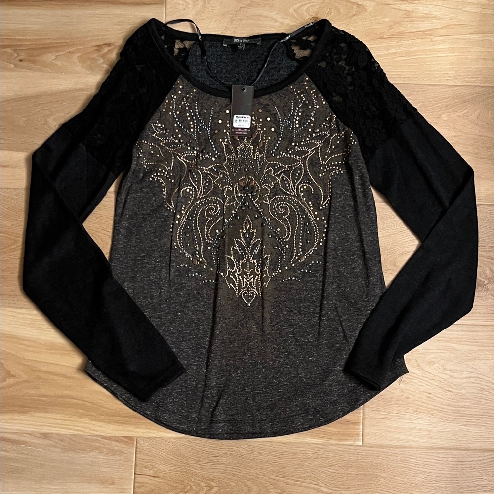 Miss Me Black and Gray Long Sleeve Top with Lace